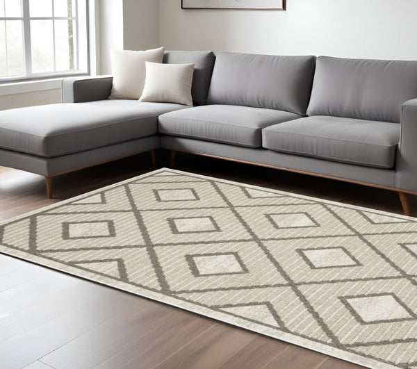 HomeRoots 5' Stylish Beige and Brown Geometric Area Rug – Modern, Stain-Resistant, Durable for Everyday Living 7' X 10' 574833