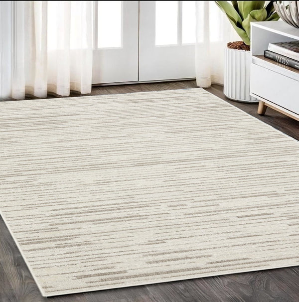 HomeRoots 5' Distressed Ivory and Brown Striped Area Rug - Durable, Stain-Resistant, Perfect for Any Space 5' X 8' 574835