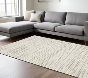HomeRoots 5' Distressed Ivory and Brown Striped Area Rug - Durable, Stain-Resistant, Perfect for Any Space 7' X 10' 574837