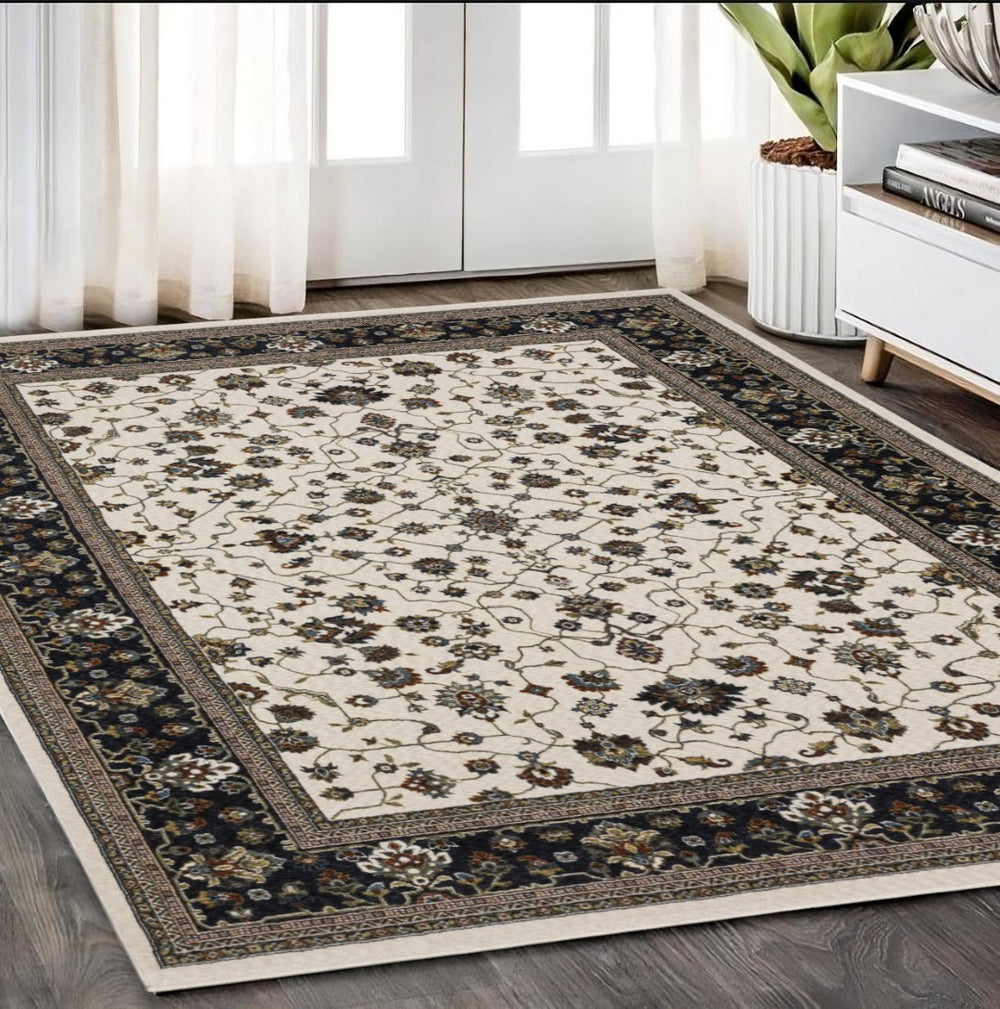 HomeRoots 5' Elegant Ivory Oriental Area Rug with Fringed Edges - Durable, Stain-Resistant & Timeless Design 5' X 8' 574851