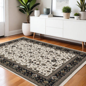 Homeroots 5' Ivory Oriental Area Rug With Fringe - Elegant Design, Stain Resistant, Perfect For Any Space 4' X 6' Polyester 574853
