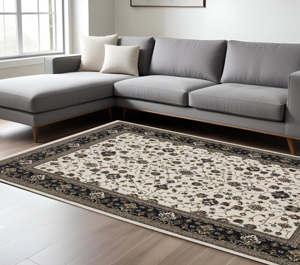 Homeroots 5' Ivory Oriental Area Rug With Fringe - Elegant Design, Stain Resistant, Perfect For Any Space 7' X 10' Polyester 574854