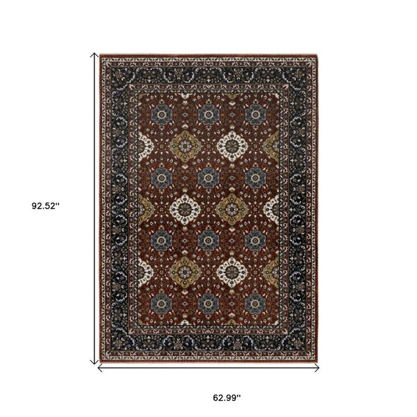 HomeRoots 5' Red Medallion Area Rug with Fringe - Elegant, Stain-Resistant Design for Stylish Living Spaces! 5' X 8' 574861