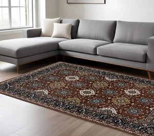 HomeRoots 5' Red Medallion Area Rug with Fringe - Elegant, Stain-Resistant Design for Stylish Living Spaces! 7' X 10' 574864