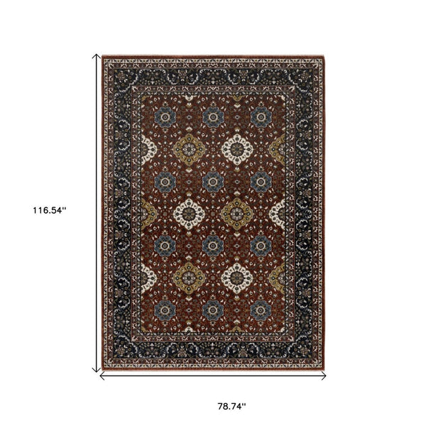 HomeRoots 5' Red Medallion Area Rug with Fringe - Elegant, Stain-Resistant Design for Stylish Living Spaces! 7' X 10' 574864