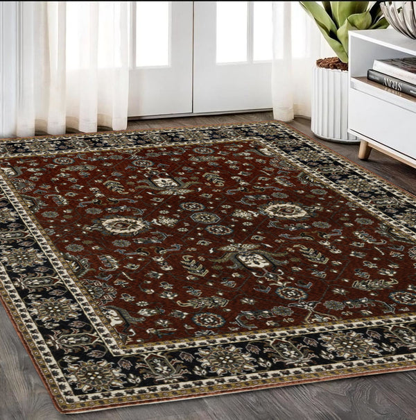 Homeroots 10' Red Oriental Area Rug With Fringe - Stain Resistant, Stylish Design For Living Spaces & Pets 5' X 8' Polyester 574873