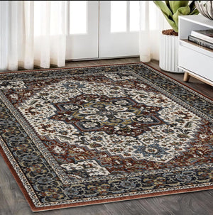 Homeroots 10' Red Medallion Power Loom Area Rug With Fringe - Stain Resistant, Stylish Design For Home Decor 5' X 8' Polyester 574878