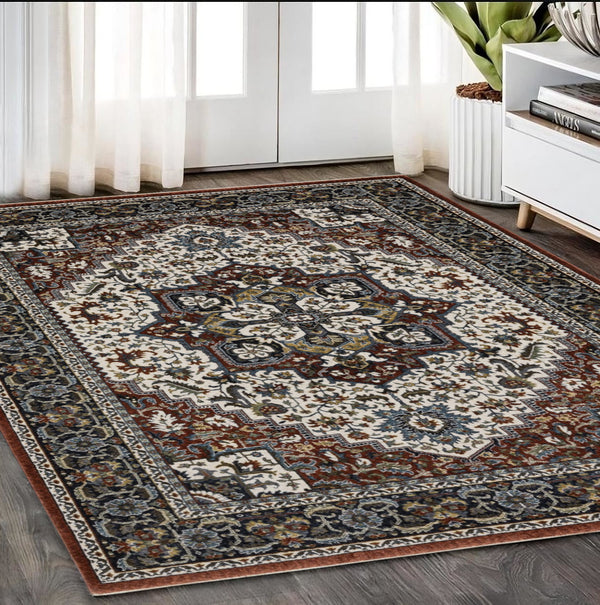 Homeroots 10' Red Medallion Power Loom Area Rug With Fringe - Stain Resistant, Stylish Design For Home Decor 5' X 8' Polyester 574878