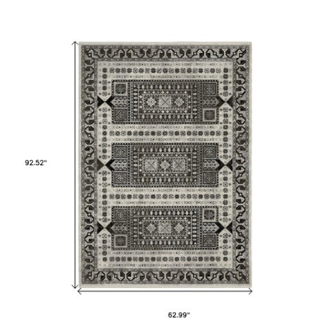 Homeroots 5' Ivory Oriental Area Rug With Charcoal Design And Fringe - Stain Resistant, Stylish Home Decor 5' X 8' Polyester 574881