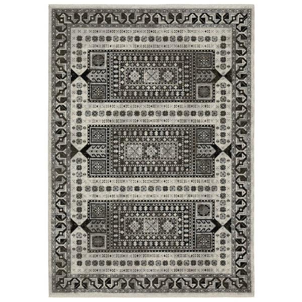 HomeRoots 5' Elegant Ivory and Charcoal Oriental Area Rug with Fringe - Durable, Stain-Resistant, Timeless Style 5' X 8' 574881