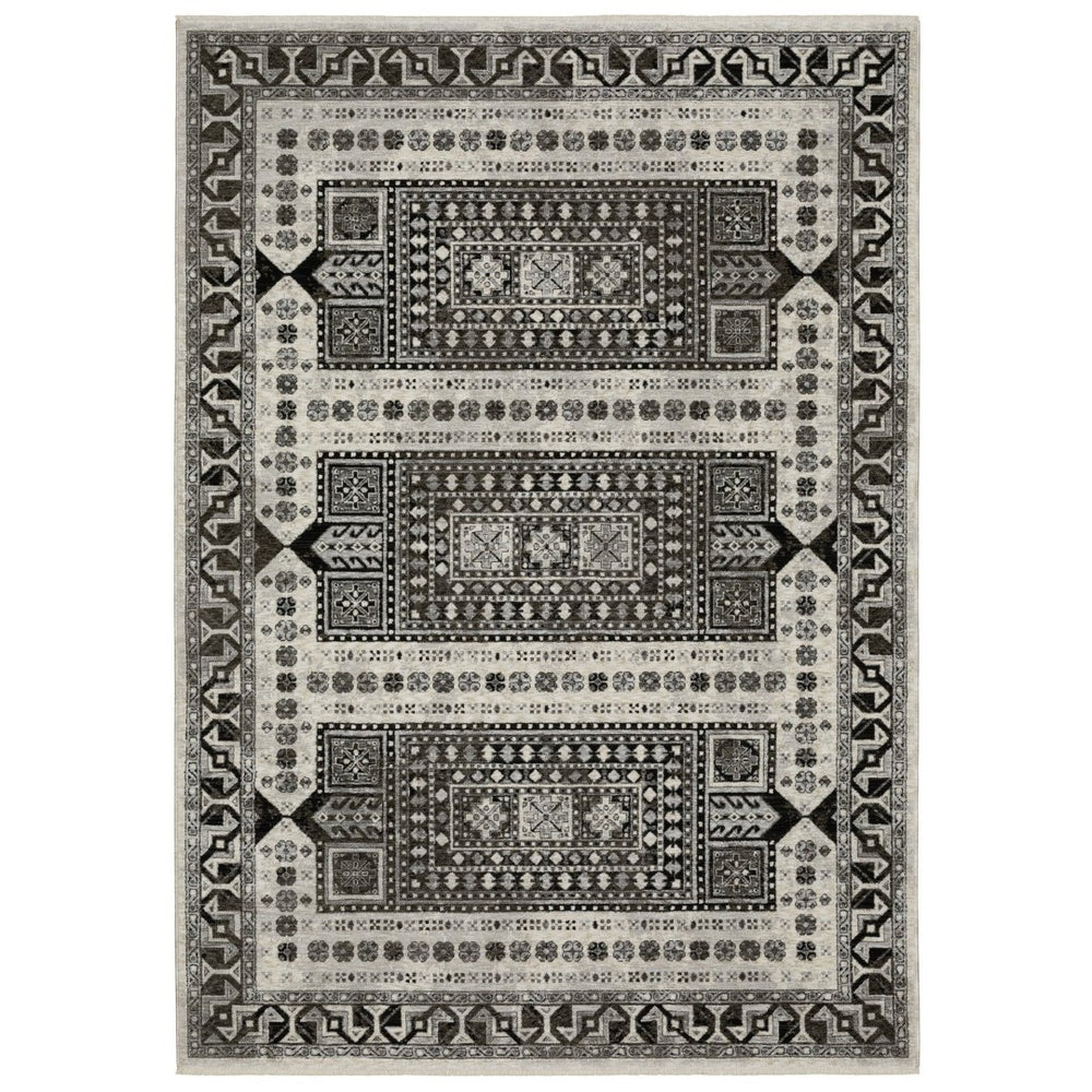HomeRoots 5' Elegant Ivory and Charcoal Oriental Area Rug with Fringe - Durable, Stain-Resistant, Timeless Style 10' X 13' 574882