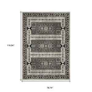 Homeroots 5' Ivory Oriental Area Rug With Charcoal Design And Fringe - Stain Resistant, Stylish Home Decor 7' X 10' Polyester 574883