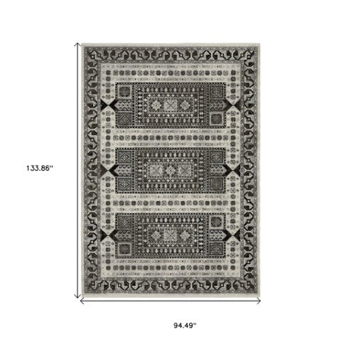 Homeroots 5' Ivory Oriental Area Rug With Charcoal Design And Fringe - Stain Resistant, Stylish Home Decor 8' X 11' Polyester 574884