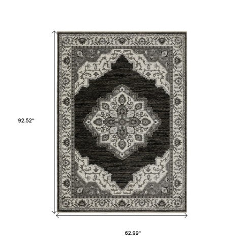 Homeroots 10' Charcoal Medallion Area Rug With Fringe – Stylish, Stain-resistant Design For Warm Interiors 5' X 8' Polyester 574890
