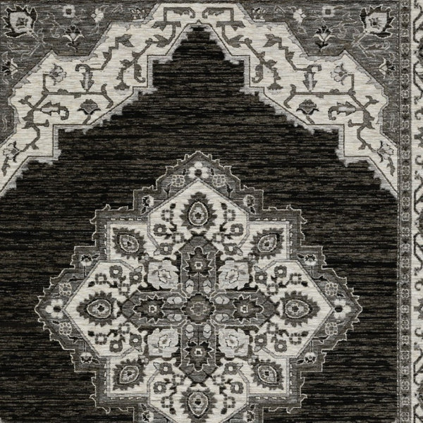 Homeroots 10' Charcoal Medallion Area Rug With Fringe – Stylish, Stain-resistant Design For Warm Interiors 5' X 8' Polyester 574890