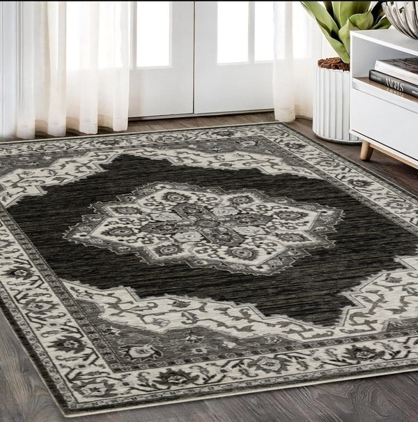 Homeroots 10' Charcoal Medallion Area Rug With Fringe – Stylish, Stain-resistant Design For Warm Interiors 5' X 8' Polyester 574890
