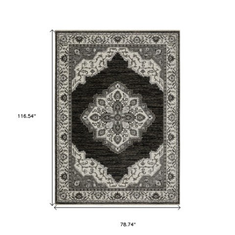 Homeroots 10' Charcoal Medallion Area Rug With Fringe – Stylish, Stain-resistant Design For Warm Interiors 7' X 10' Polyester 574891