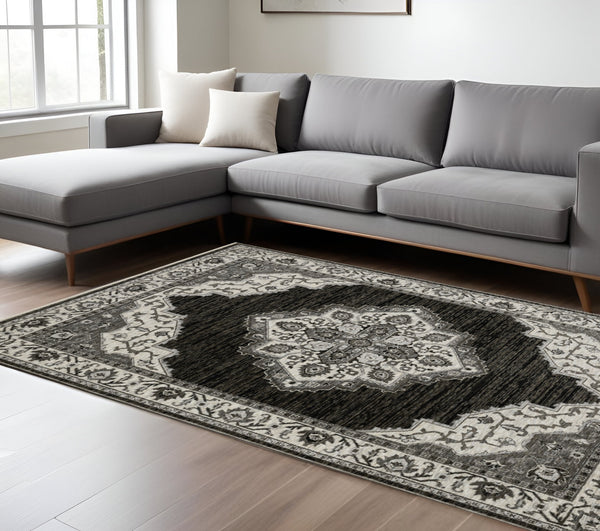 Homeroots 10' Charcoal Medallion Area Rug With Fringe – Stylish, Stain-resistant Design For Warm Interiors 7' X 10' Polyester 574891