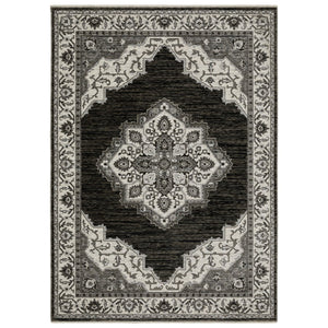 HomeRoots 10' Charcoal and Ivory Medallion Area Rug with Fringed Edges - Durable, Stylish, Stain-Resistant Design 7' X 10' 574891
