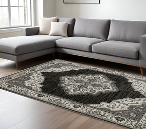 Homeroots 10' Charcoal Medallion Area Rug With Fringe – Stylish, Stain-resistant Design For Warm Interiors 8' X 11' Polyester 574892
