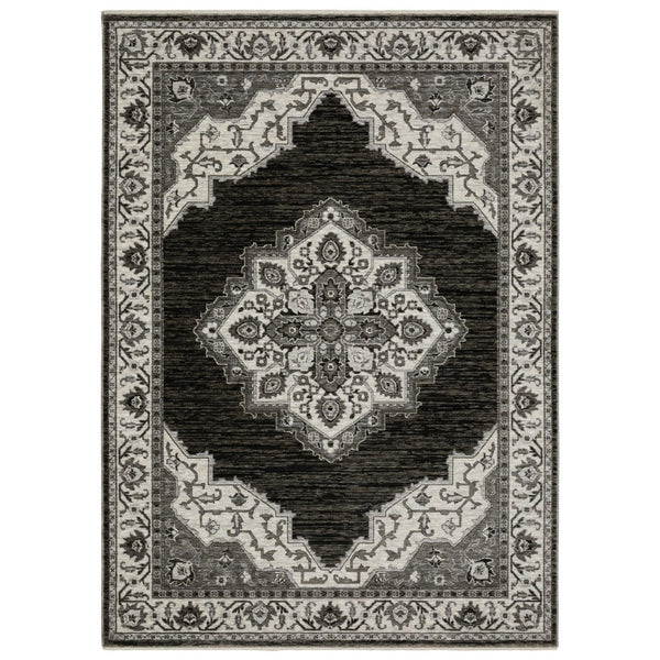 HomeRoots 10' Charcoal and Ivory Medallion Area Rug with Fringed Edges - Durable, Stylish, Stain-Resistant Design 8' X 11' 574892