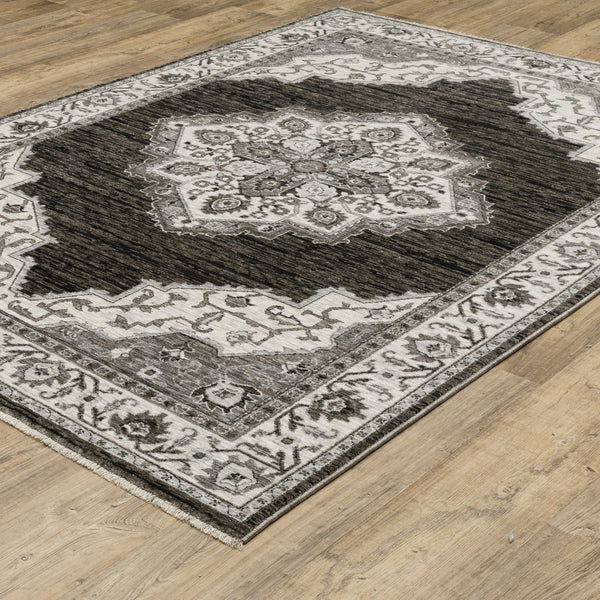 Homeroots 10' Charcoal Medallion Area Rug With Fringe – Stylish, Stain-resistant Design For Warm Interiors 8' X 11' Polyester 574892