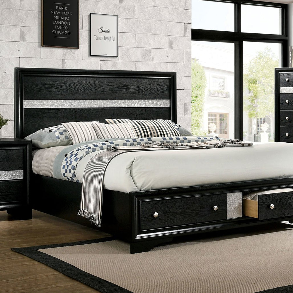 English Elm 1Pc Contemporary Queen Size Bed In Black Solid Wood - Stylish & Functional Bedroom Centerpiece B011S01678