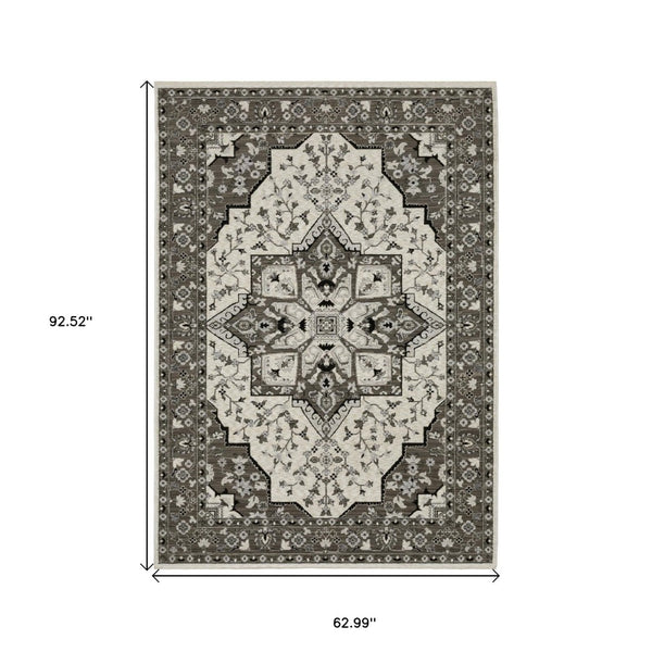 HomeRoots 5' Ivory and Gray Medallion Area Rug with Fringe – Timeless Style, Stain-Resistant, Perfect for Any Space 5' X 8' 574901