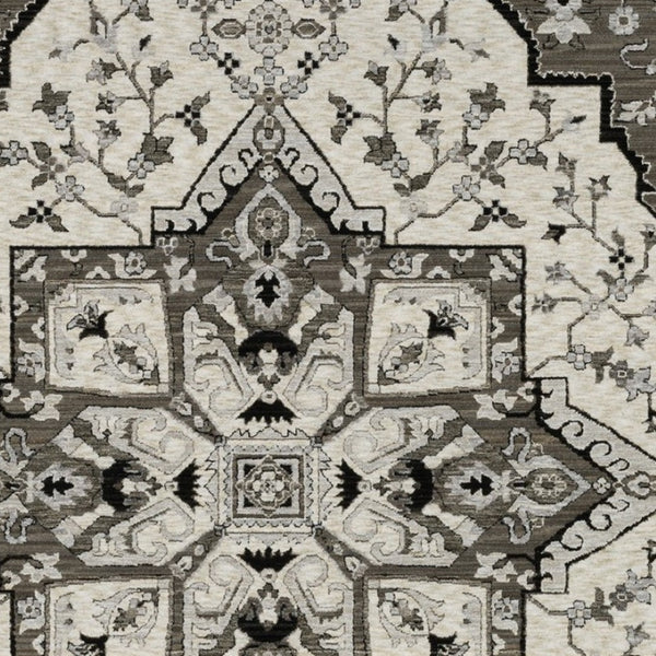 HomeRoots 5' Ivory and Gray Medallion Area Rug with Fringe – Timeless Style, Stain-Resistant, Perfect for Any Space 5' X 8' 574901