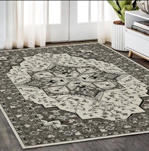 HomeRoots 5' Ivory and Gray Medallion Area Rug with Fringe – Timeless Style, Stain-Resistant, Perfect for Any Space 5' X 8' 574901