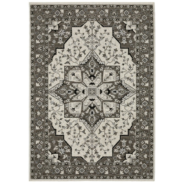 HomeRoots 5' Ivory and Gray Medallion Area Rug with Fringe – Timeless Style, Stain-Resistant, Perfect for Any Space 5' X 8' 574901