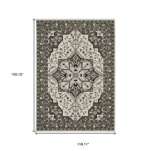HomeRoots 5' Ivory and Gray Medallion Area Rug with Fringe – Timeless Style, Stain-Resistant, Perfect for Any Space 10' X 13' 574902