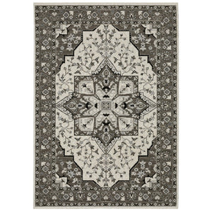 HomeRoots 5' Ivory and Gray Medallion Area Rug with Fringe – Timeless Style, Stain-Resistant, Perfect for Any Space 10' X 13' 574902