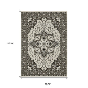 HomeRoots 5' Ivory and Gray Medallion Area Rug with Fringe – Timeless Style, Stain-Resistant, Perfect for Any Space 7' X 10' 574903