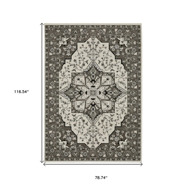 HomeRoots 5' Ivory and Gray Medallion Area Rug with Fringe – Timeless Style, Stain-Resistant, Perfect for Any Space 7' X 10' 574903