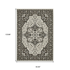 HomeRoots 5' Ivory and Gray Medallion Area Rug with Fringe – Timeless Style, Stain-Resistant, Perfect for Any Space 8' X 11' 574904