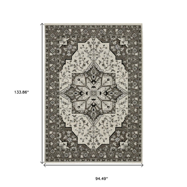 HomeRoots 5' Ivory and Gray Medallion Area Rug with Fringe – Timeless Style, Stain-Resistant, Perfect for Any Space 8' X 11' 574904