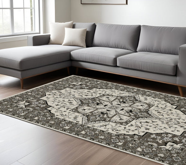 HomeRoots 5' Ivory and Gray Medallion Area Rug with Fringe – Timeless Style, Stain-Resistant, Perfect for Any Space 8' X 11' 574904