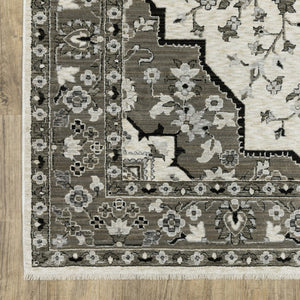 HomeRoots 5' Ivory and Gray Medallion Area Rug with Fringe – Timeless Style, Stain-Resistant, Perfect for Any Space 8' X 11' 574904