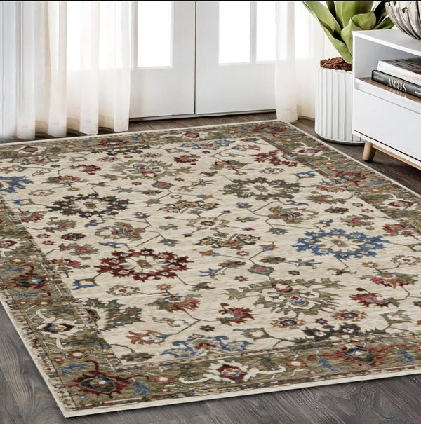 Homeroots 5' Artful Ivory Oriental Area Rug With Fringe - Stain Resistant, Stylish Design For Any Room 5' X 8' Polyester 574905