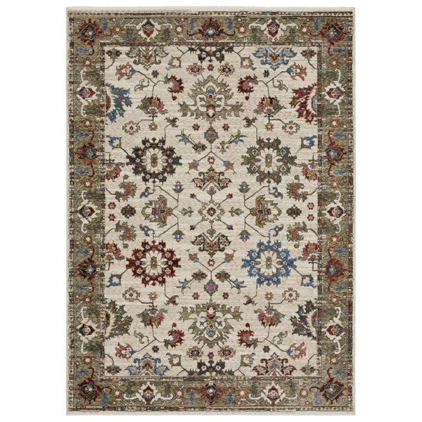 HomeRoots 5' Elegant Ivory and Green Oriental Area Rug with Fringe for Luxurious Living Spaces & Durability 5' X 8' 574905