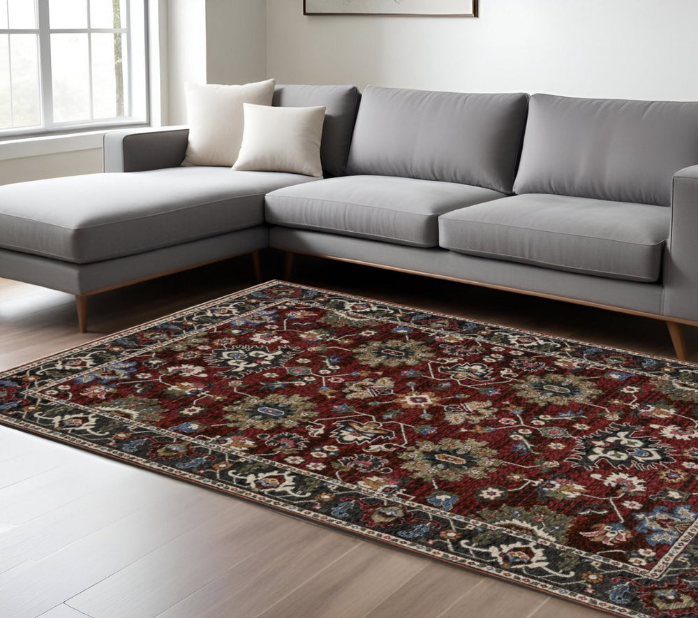 HomeRoots 10'' Vibrant Red, Blue & Charcoal Oriental Area Rug with Fringe - Timeless Elegance for Your Home 10' X 13' 574906