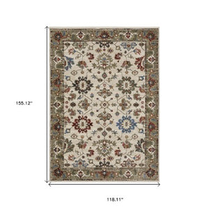 Homeroots 5' Artful Ivory Oriental Area Rug With Fringe - Stain Resistant, Stylish Design For Any Room 10' X 13' Polyester 574911