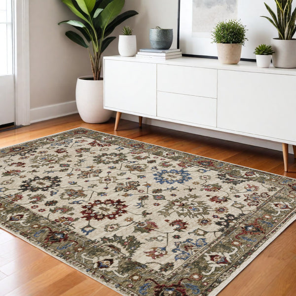 Homeroots 5' Artful Ivory Oriental Area Rug With Fringe - Stain Resistant, Stylish Design For Any Room 4' X 6' Polyester 574912
