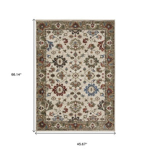 Homeroots 5' Artful Ivory Oriental Area Rug With Fringe - Stain Resistant, Stylish Design For Any Room 4' X 6' Polyester 574912