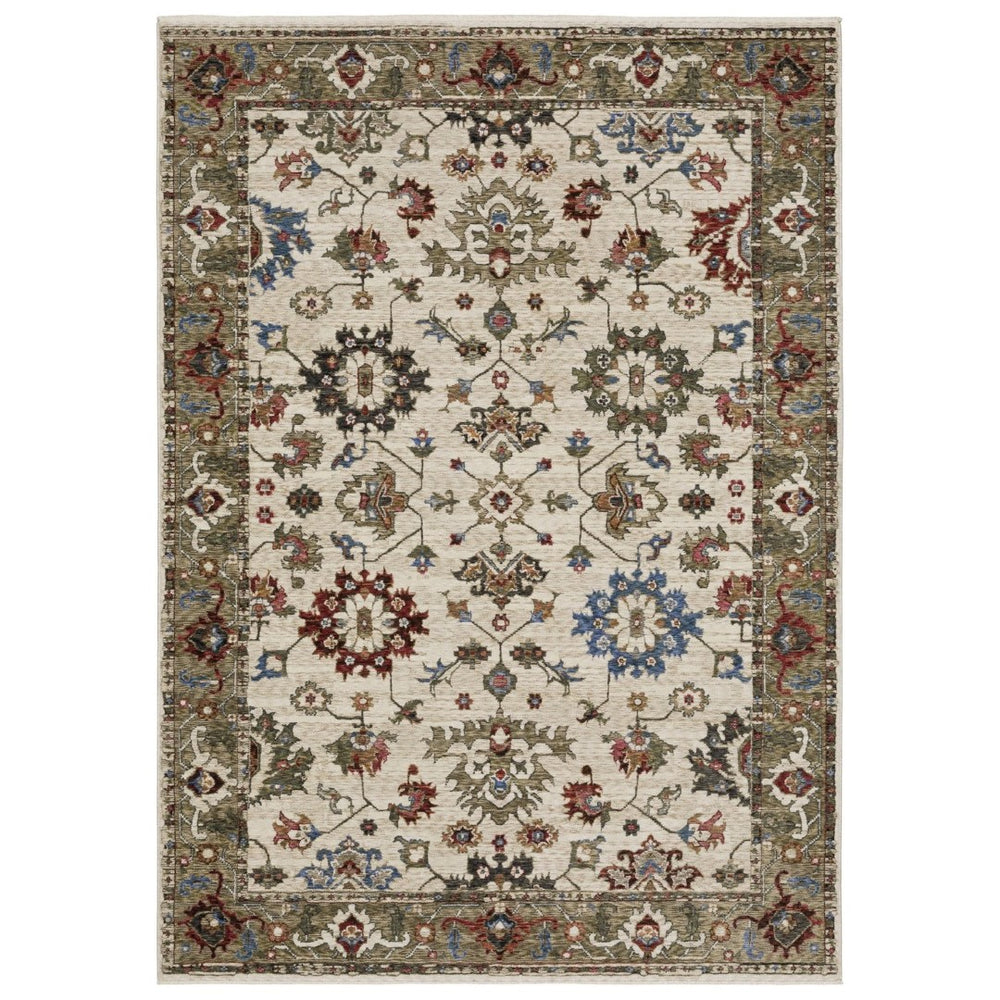 HomeRoots 5' Elegant Ivory and Green Oriental Area Rug with Fringe for Luxurious Living Spaces & Durability 7' X 10' 574913
