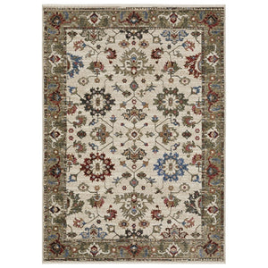 HomeRoots 5' Elegant Ivory and Green Oriental Area Rug with Fringe for Luxurious Living Spaces & Durability 7' X 10' 574913
