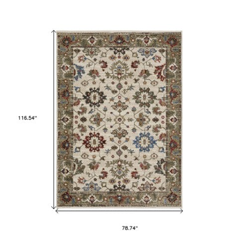 Homeroots 5' Artful Ivory Oriental Area Rug With Fringe - Stain Resistant, Stylish Design For Any Room 7' X 10' Polyester 574913