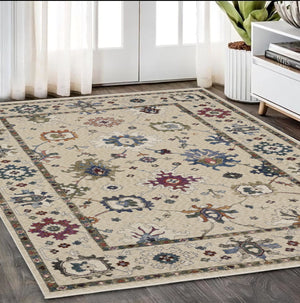Homeroots 5' Elegant Ivory Blue Gray Floral Area Rug With Fringe - Stain Resistant, Soft Texture For Any Space 5' X 8' Polyester 574915