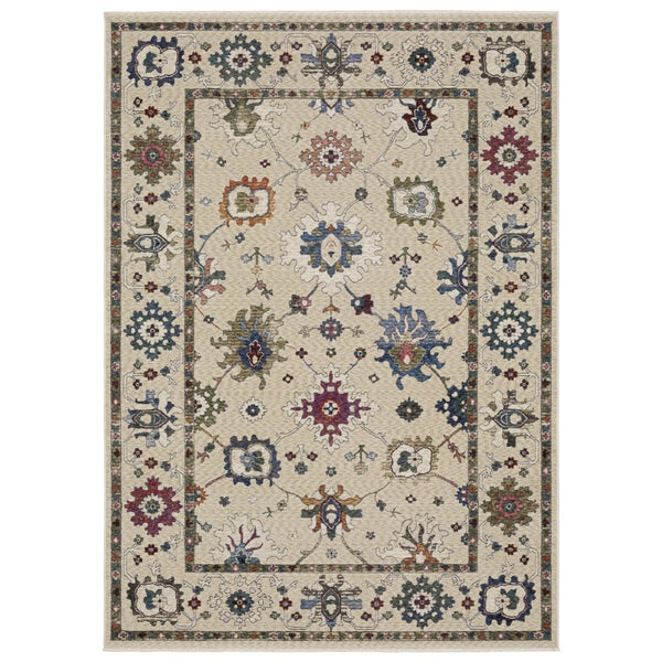 HomeRoots 5' Elegant Ivory, Blue, and Gray Floral Area Rug with Fringe - Durable, Stain Resistant Design 5' X 8' 574915